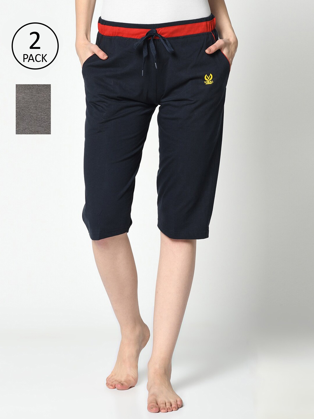 

MACK JONNEY Women Grey & Navy Blue Pack of 2 Lounge Shorts