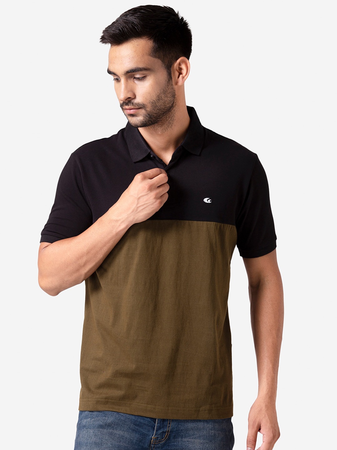 

Allen Cooper Men Black & Brown Colourblocked Polo Collar T-shirt