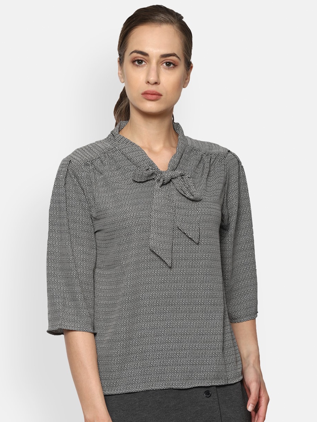 

Van Heusen Woman Grey & Black Striped Tie-Up Neck Regular Top