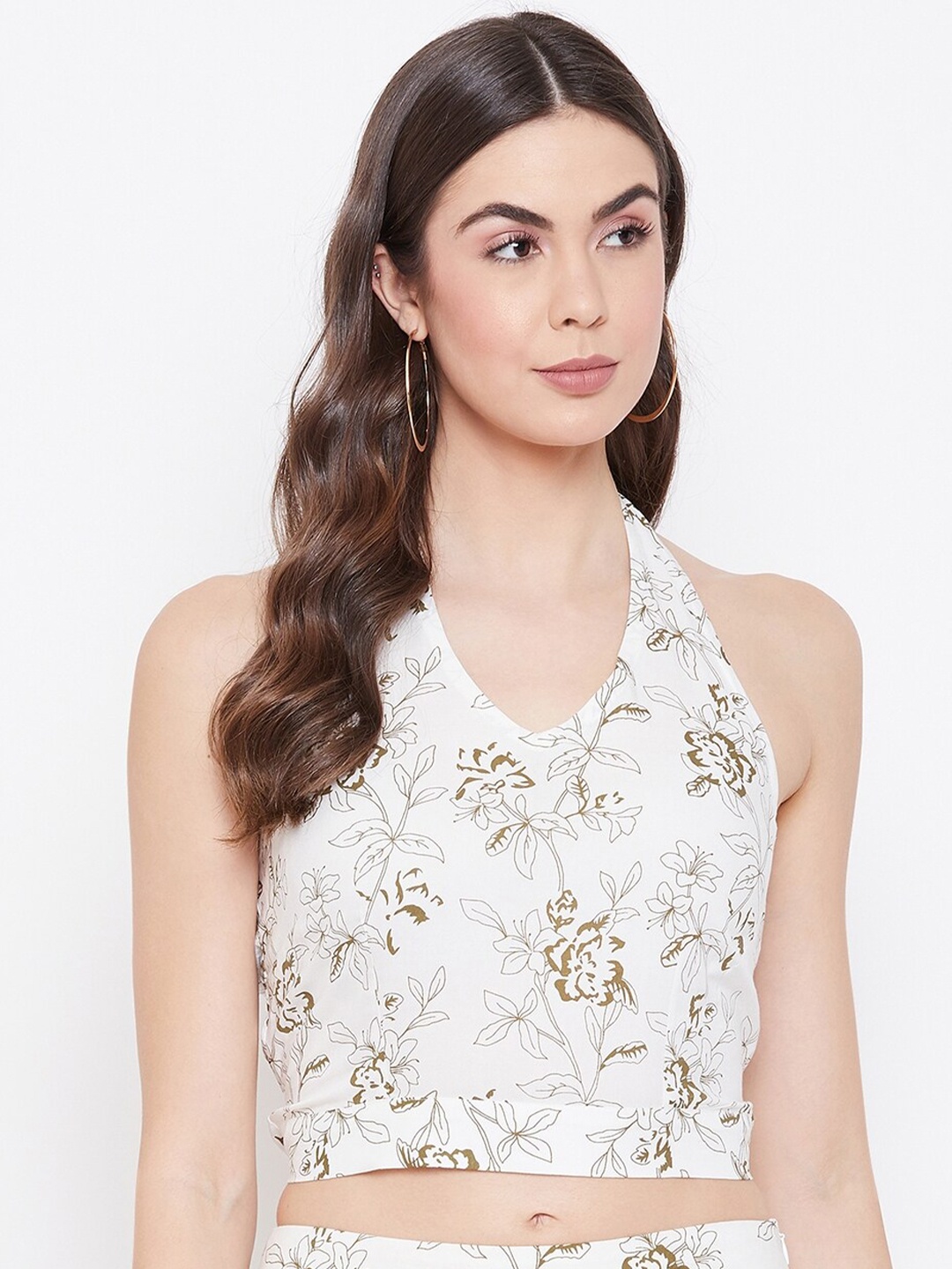 

sandy AND ritz Off White & Olive Green Floral Halter Neck Fitted Crop Top