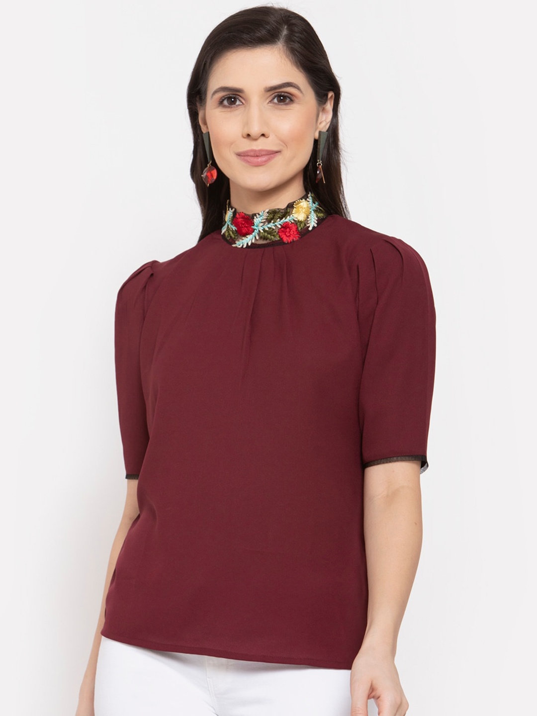 

Style Quotient Maroon Puff Sleeve Crepe Regular Top