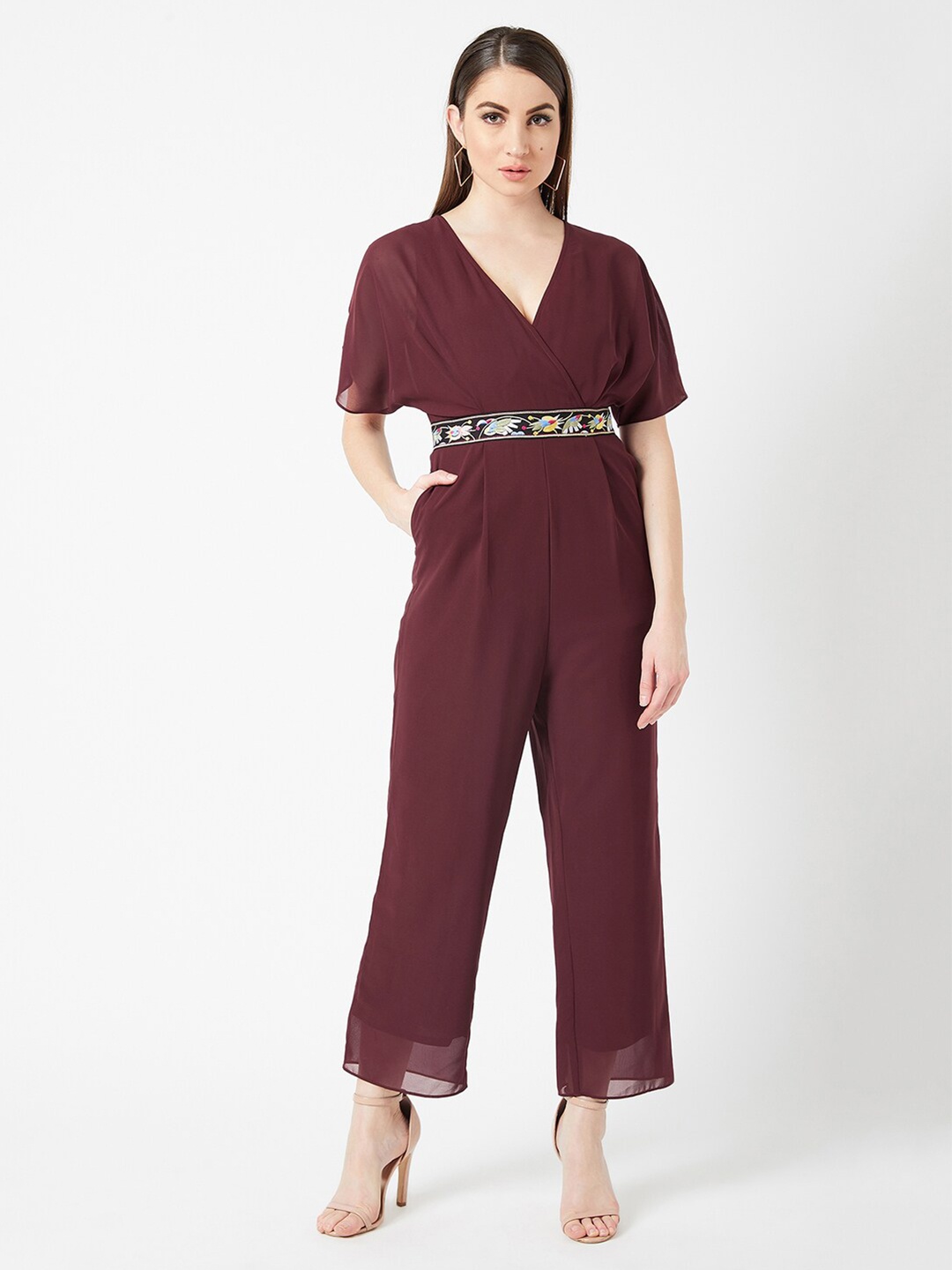 

Miss Chase Women Burgundy & White Basic Jumpsuit