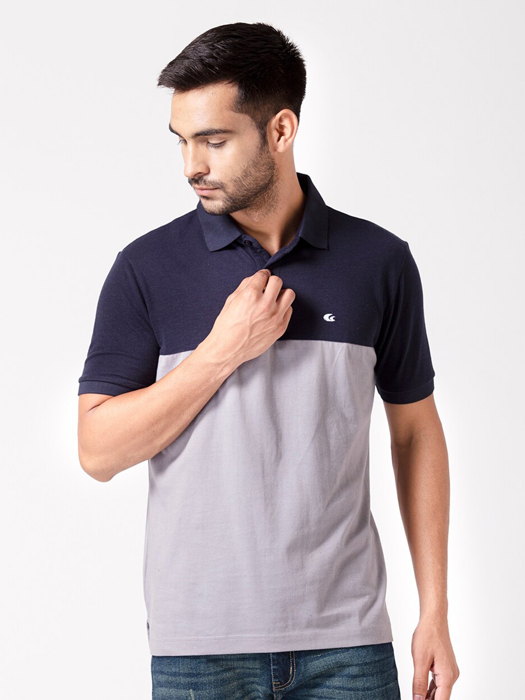 

Allen Cooper Men Navy Blue & Grey Colourblocked Polo Collar T-shirt