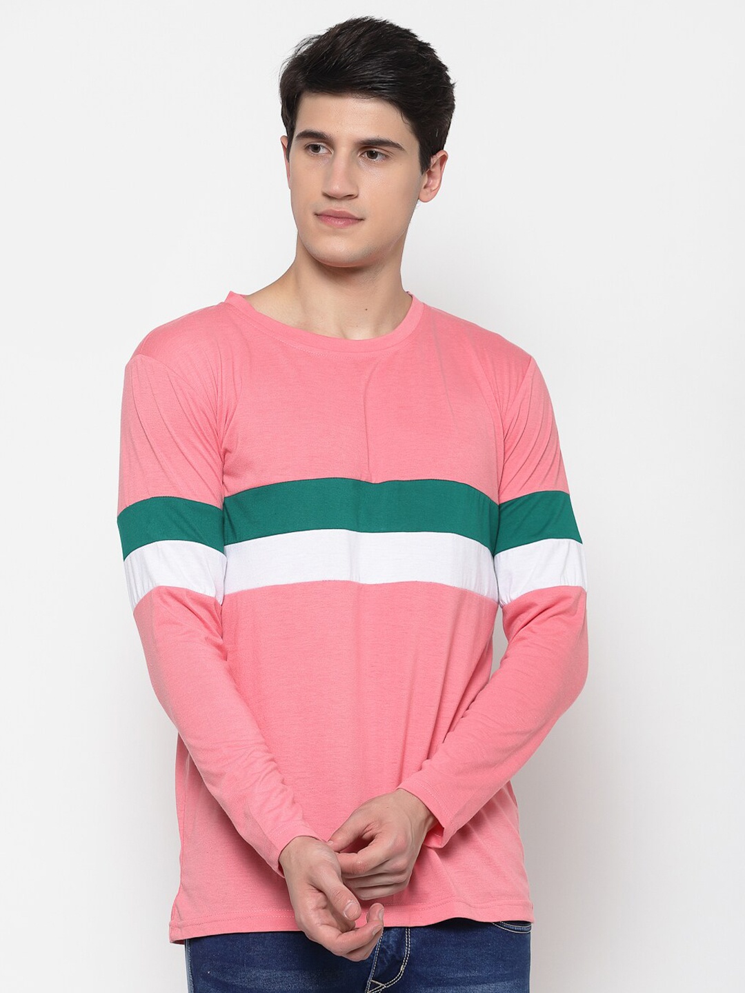 

PAUSE SPORT Men Pink & Green Striped Round Neck Slim Fit T-shirt