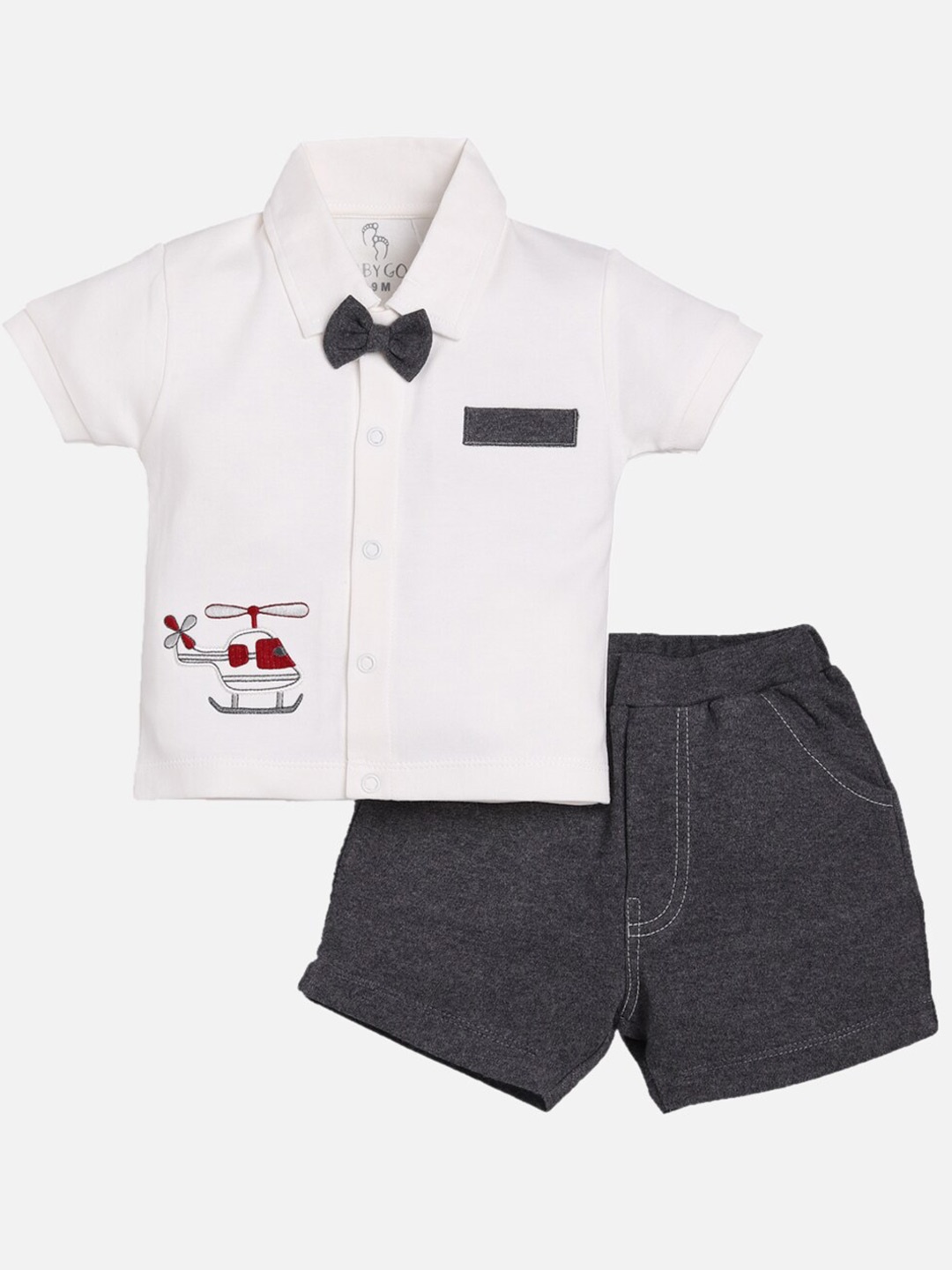 BABY GO Boys White & Charcoal Printed Shirt with Shorts