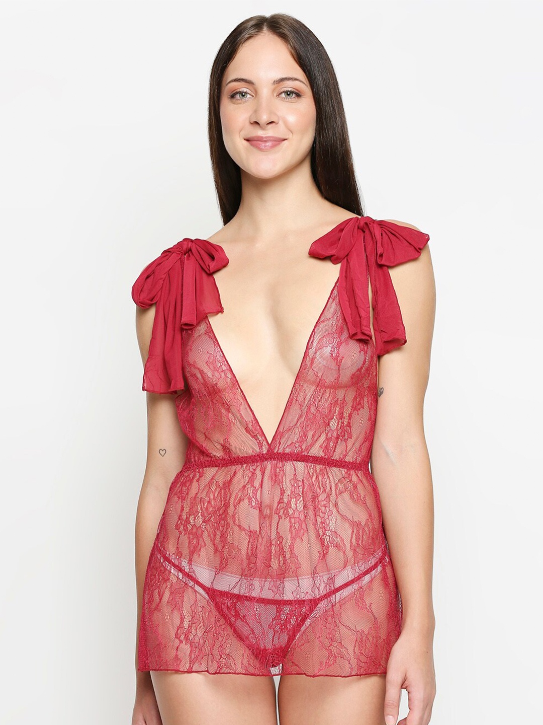 

XIN Maroon Self-Design Lace Baby Doll