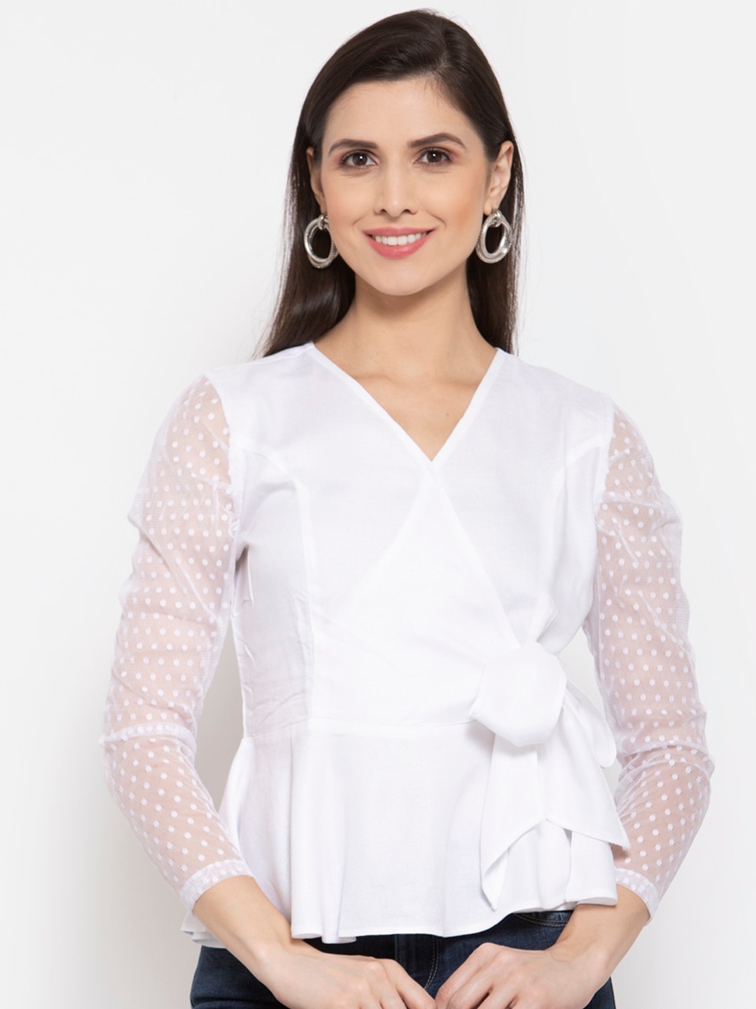 

Style Quotient White Lace Inserts Semi-Sheer Wrap Top