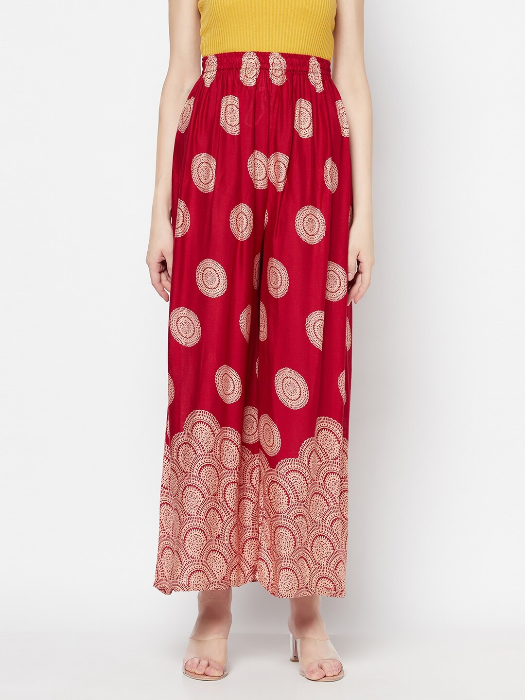 

Purple State Women Red & Pink Ethnic Motifs Printed Flared Palazzos