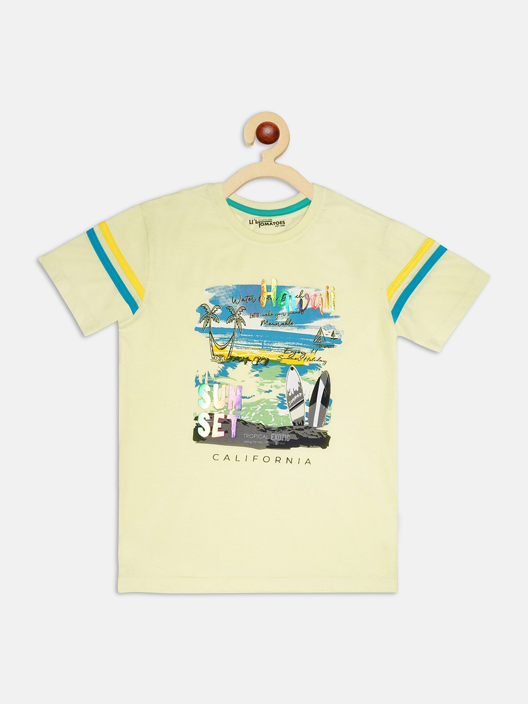 

Lil Tomatoes Boys Yellow Printed Applique Pure Cotton T-shirt with FREE GIFT