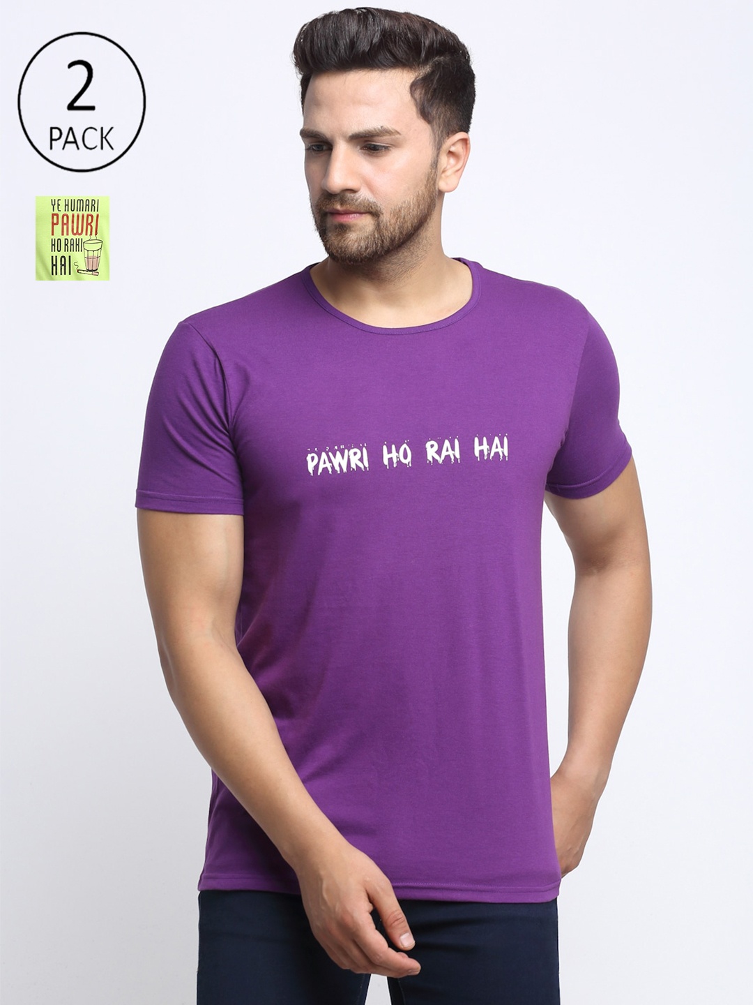 

VIMAL JONNEY Men Pack Of 2 Purple & Green Typography Printed T-shirt