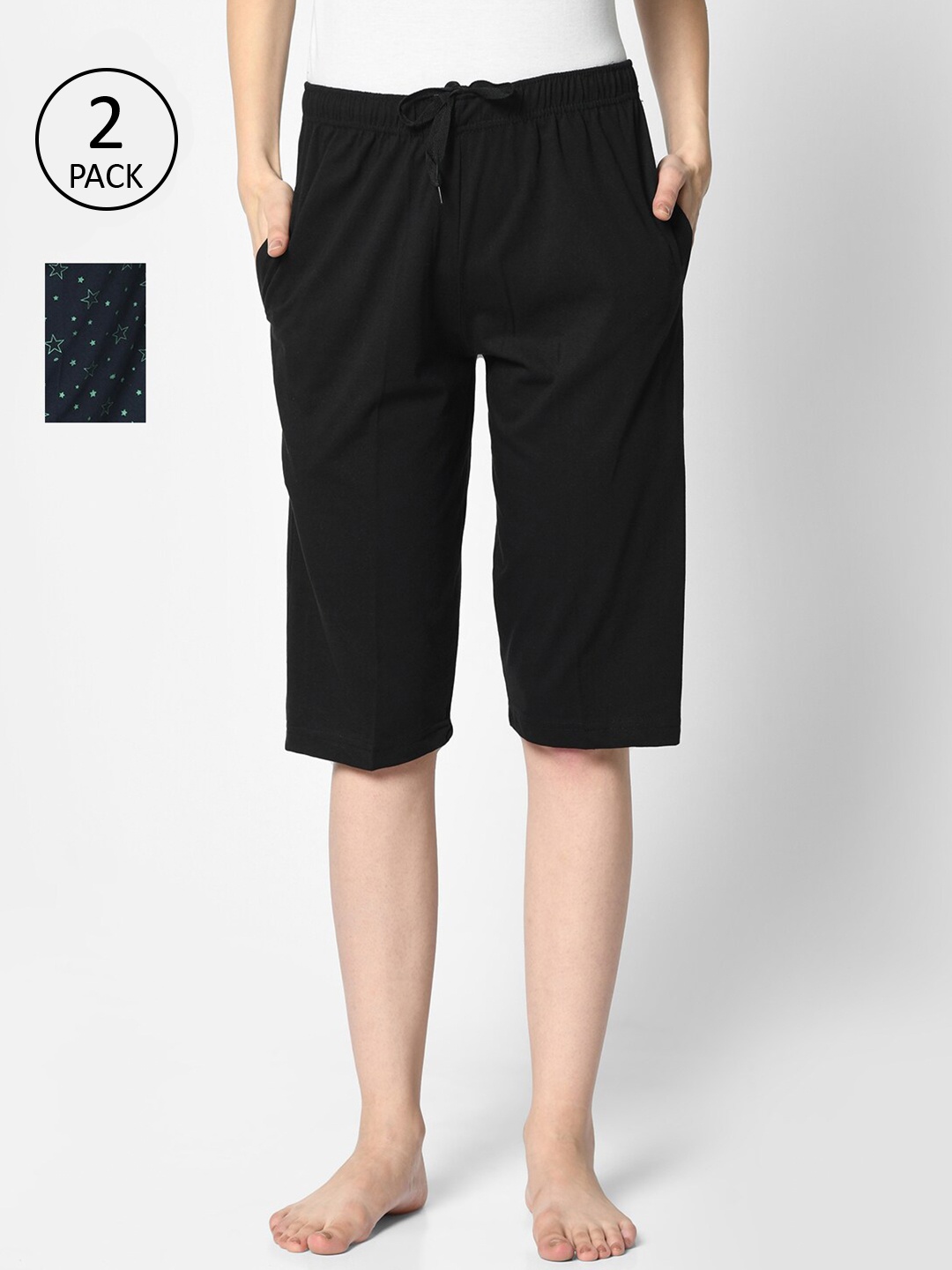 MACK JONNEY Women Pack of 2 Printed Cotton Lounge Shorts, Black