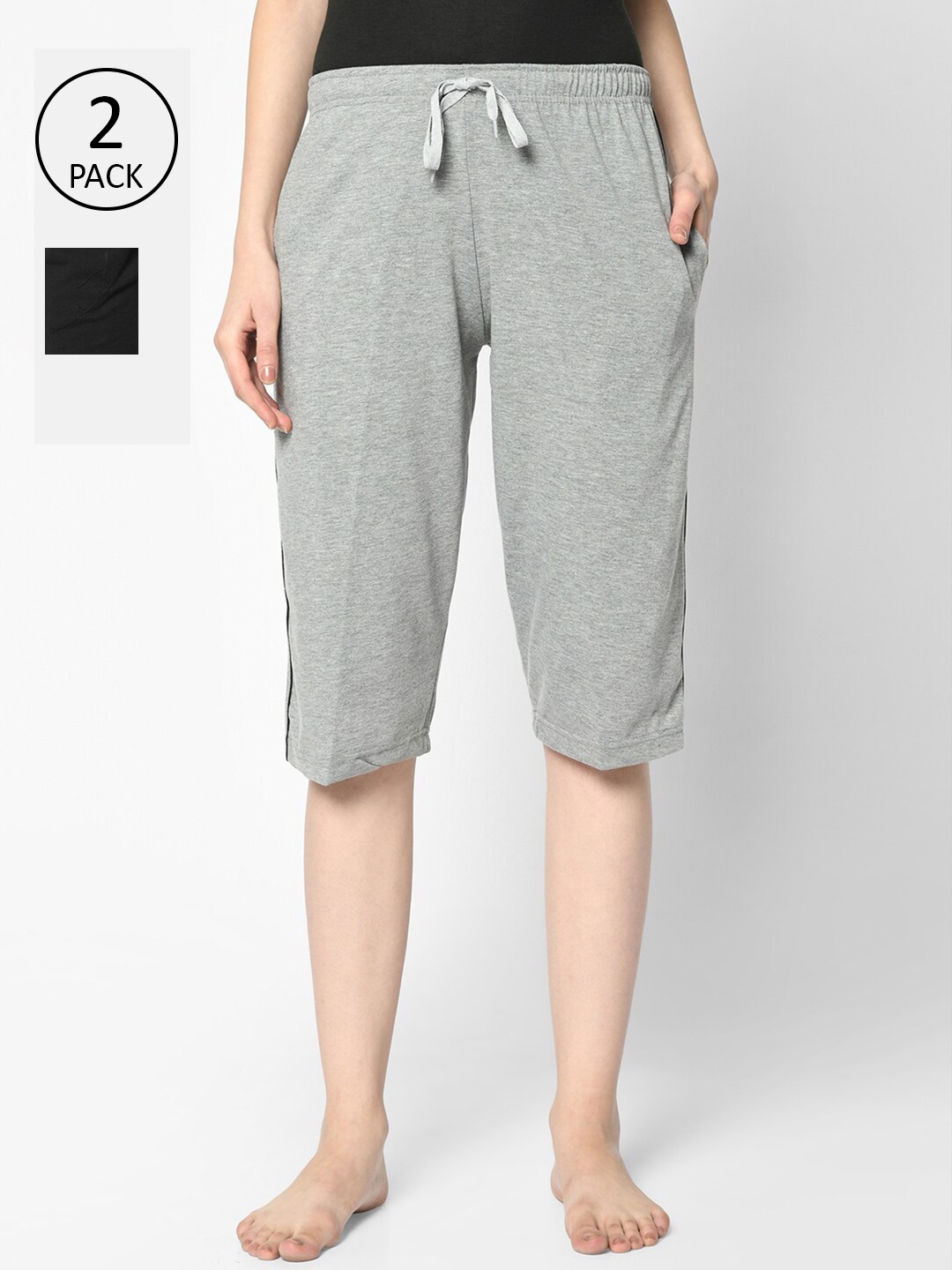 MACK JONNEY Women Grey Melange & Black Pack of 2 Lounge Shorts