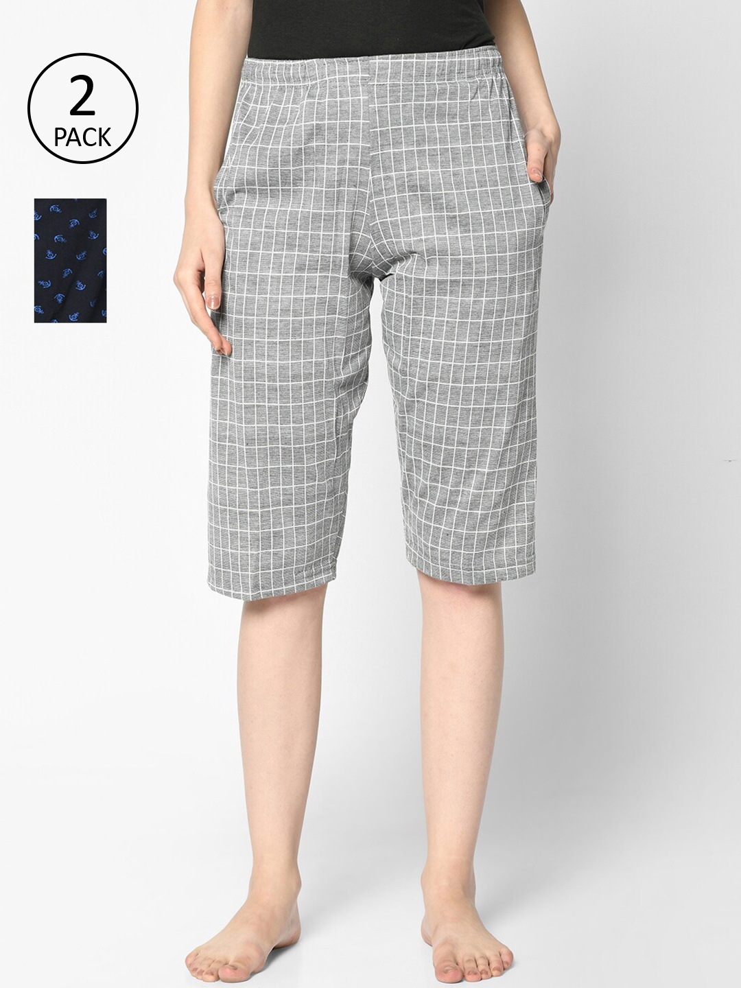 VIMAL JONNEY Women Grey & Blue 2 Checked Lounge Shorts