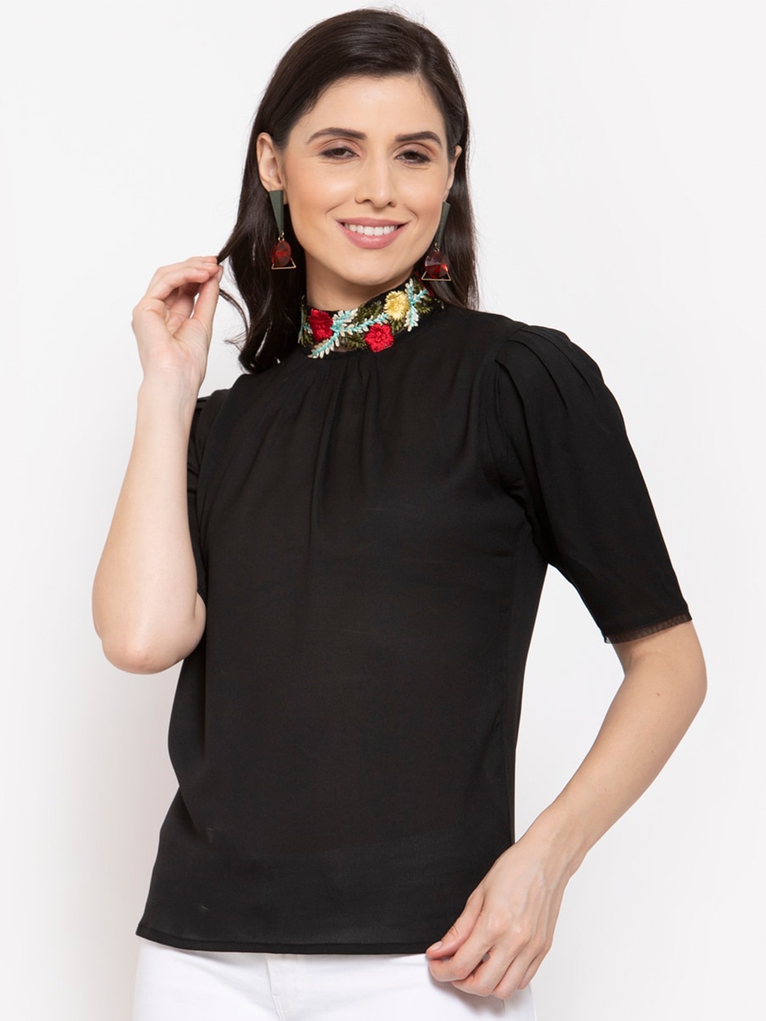 

Style Quotient Women Black Embroidered High Neck Regular Top