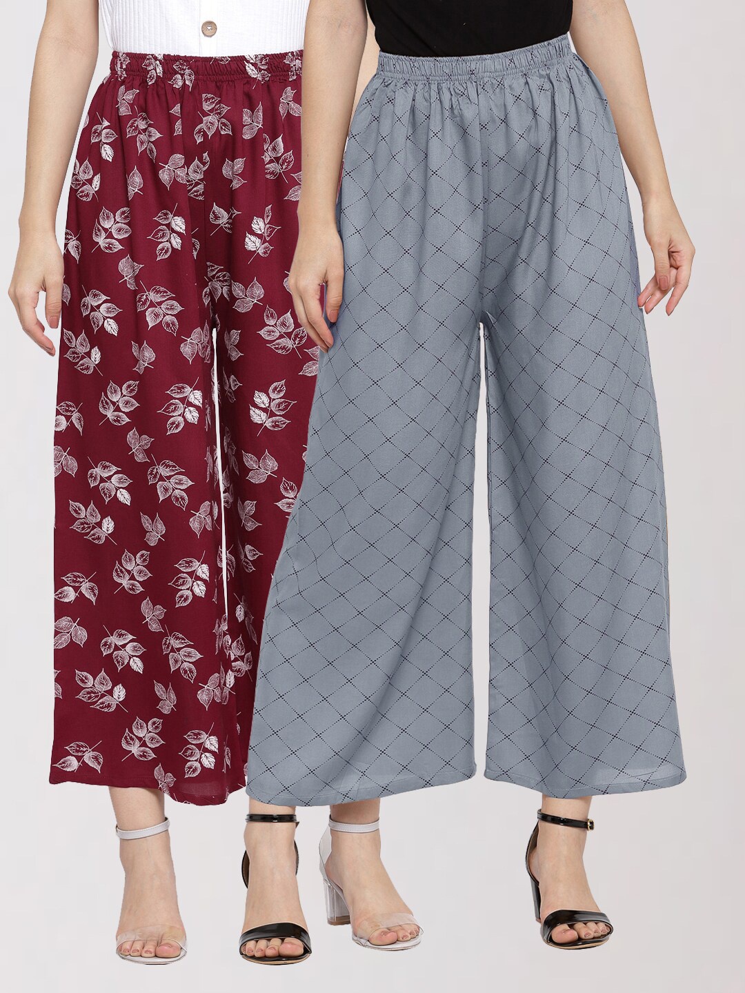 

KLOTTHE Women Maroon & Grey Set of 2 Floral Printed Palazzos