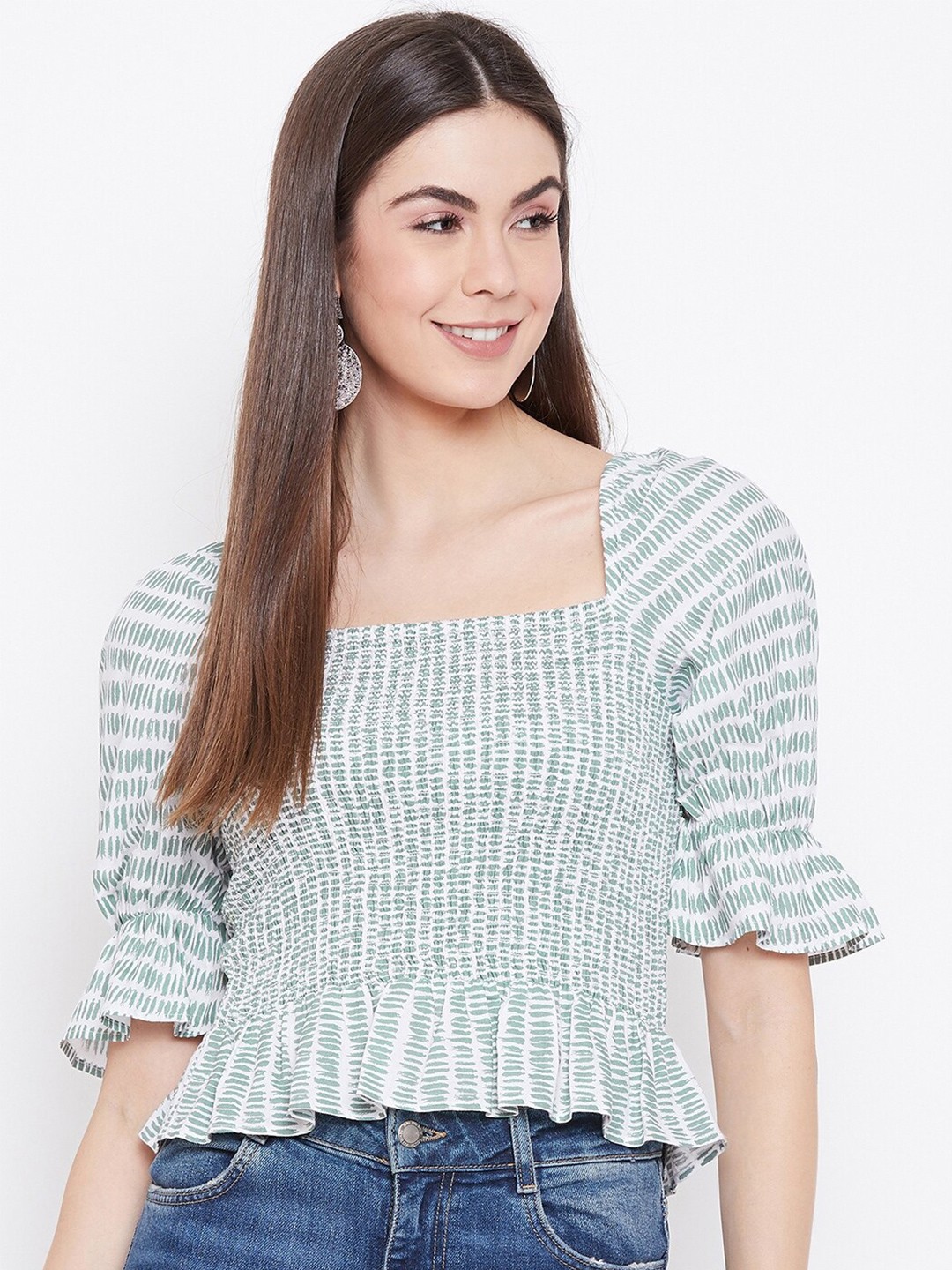 

sandy AND ritz White & Green Geometric Bell Sleeve Peplum Top
