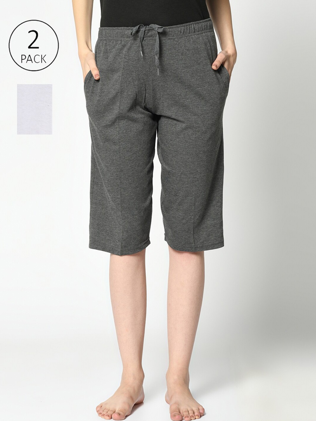 VIMAL JONNEY Women Grey & White Set of 2 Lounge Shorts