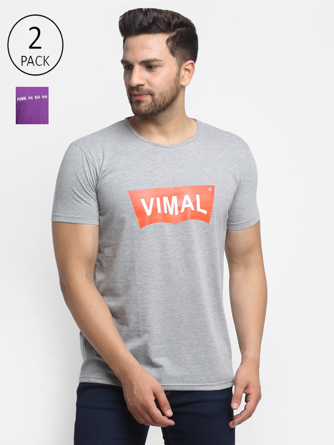 

MACK JONNEY Men Pack Of 2 Grey & Purple Typography Printed T-shirt