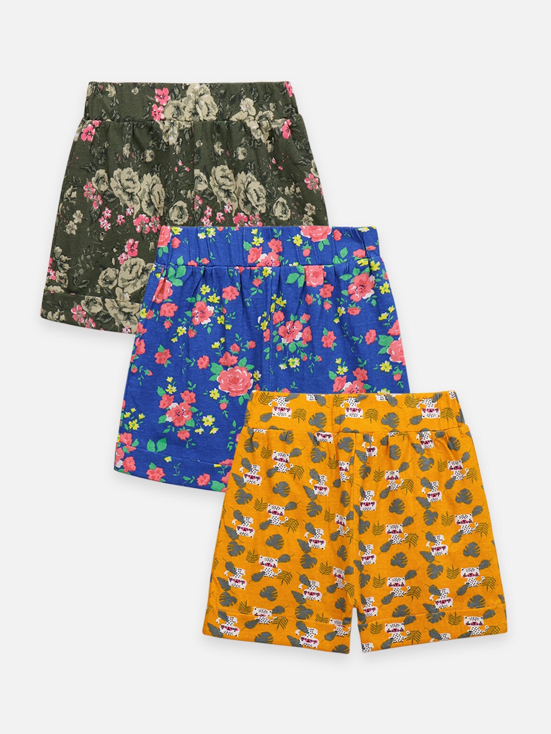 

LilPicks Girls Pack Of 3 Floral Printed Mid-Rise Cotton Regular Shorts, Olive