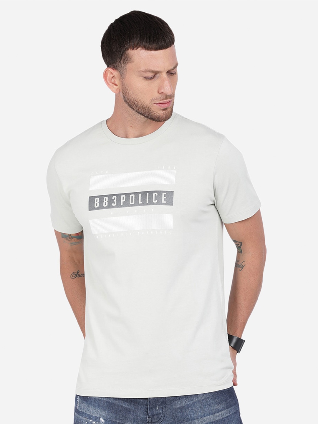 

883 Police Men Grey Typography Printed Cotton T-shirt