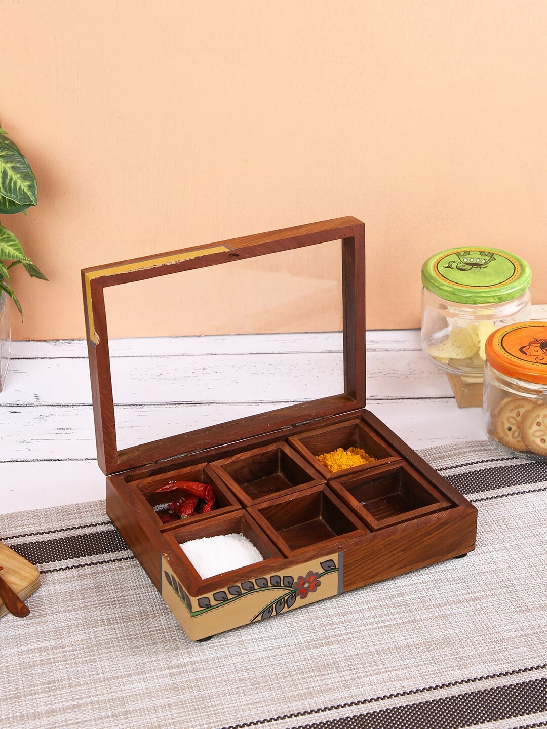 

Aapno Rajasthan Brown Handcrafted Multipurpose Wooden Box with Six Sections