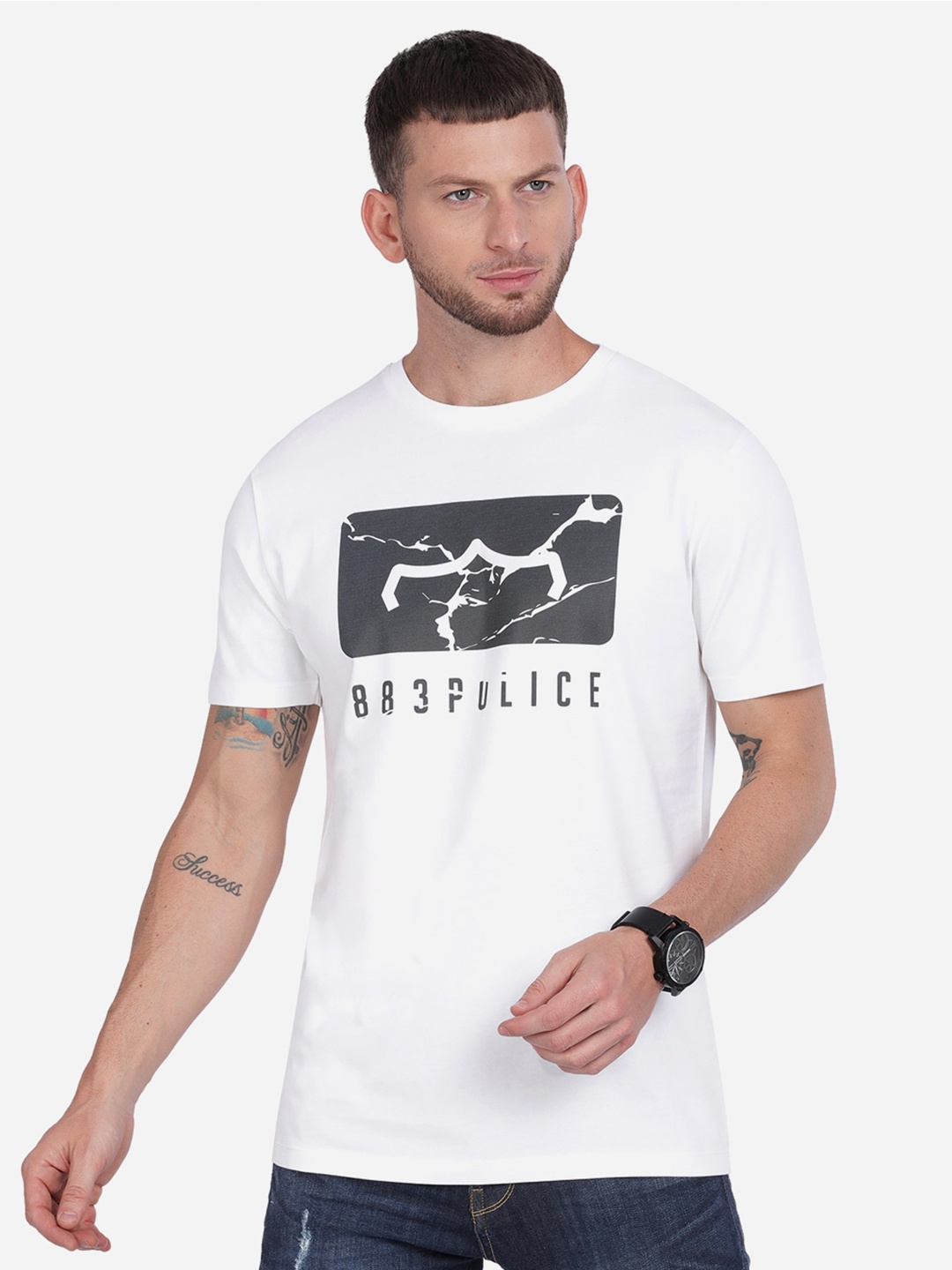 

883 Police Men White & Black Printed Cotton T-shirt
