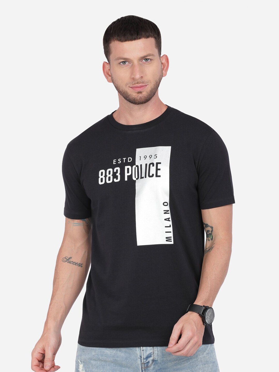 

883 Police Men Black Typography Printed T-shirt