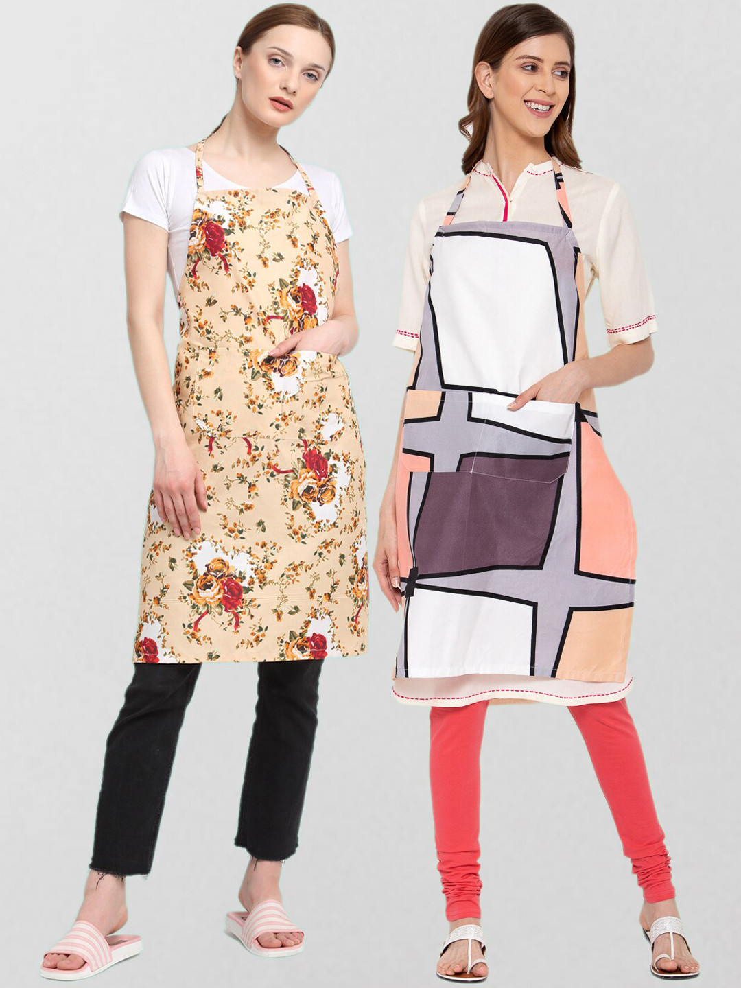 

KLOTTHE Unisex Pack Of 2 Printed 210 TC Cotton Aprons, Beige