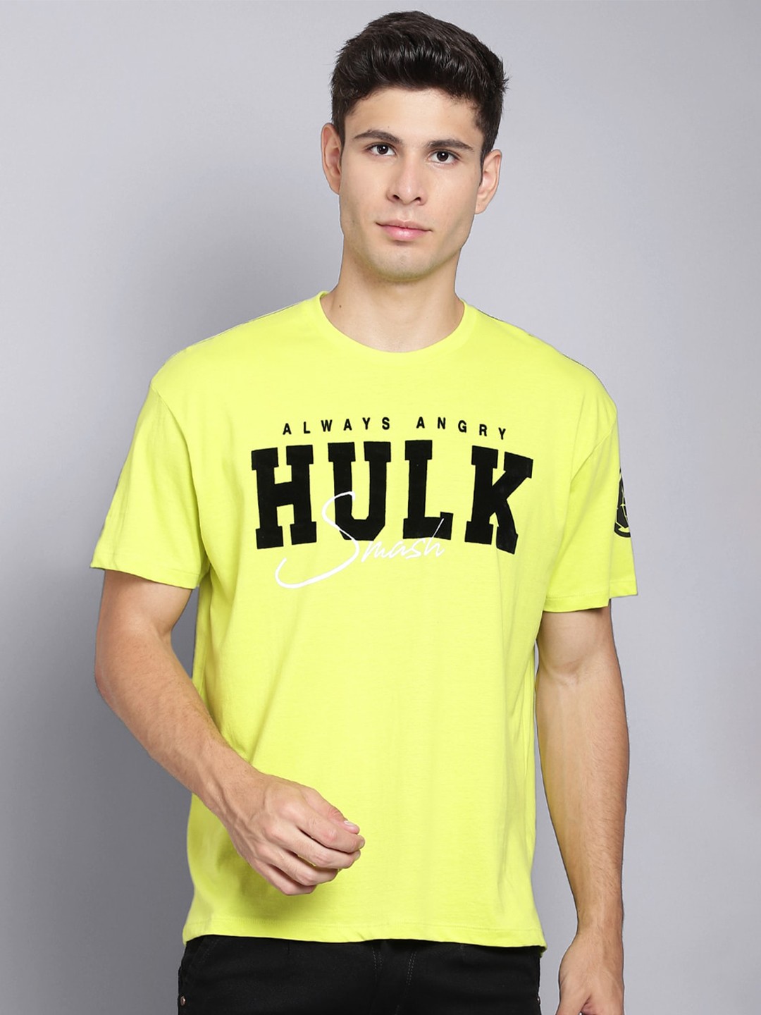 

Free Authority Men Lime Green Hulk Printed Pure Cotton T-shirt