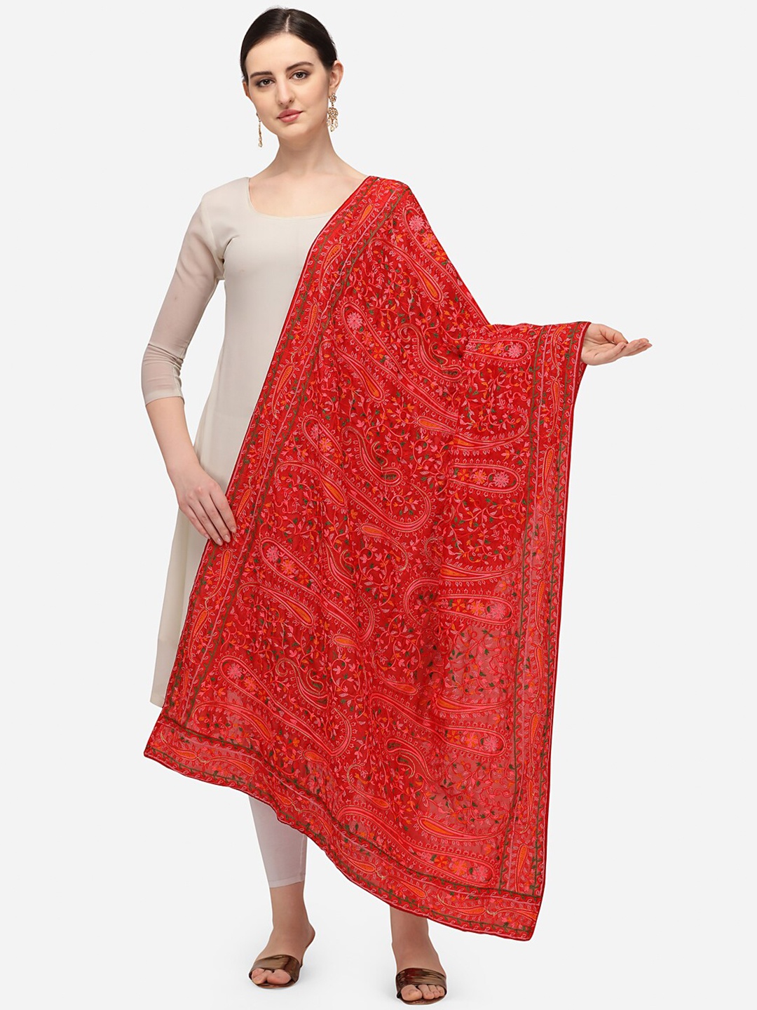 

VASTRANAND Red & Green Ethnic Motifs Embroidered Dupatta with Thread Work