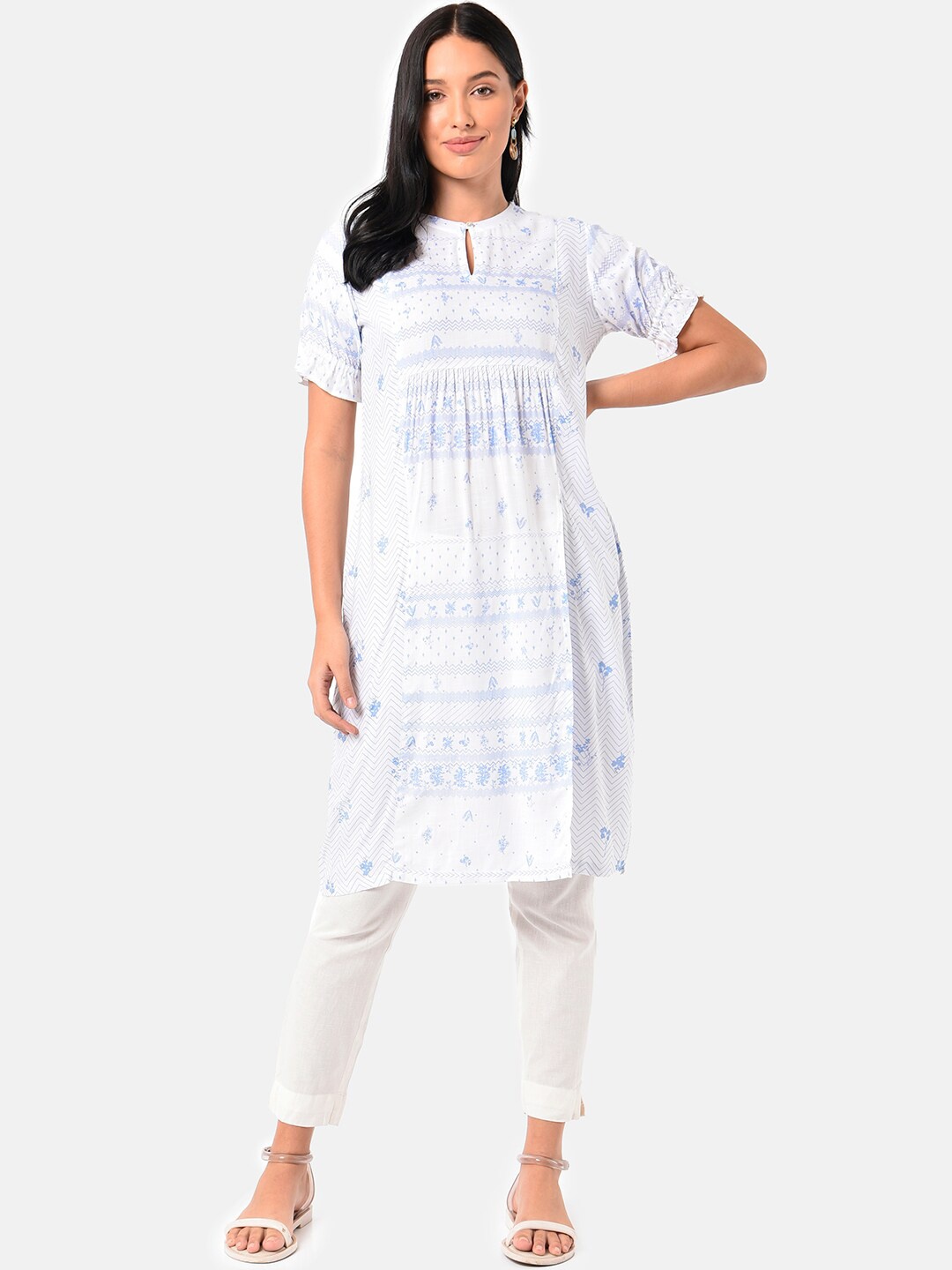 

Saaki Women White Floral Striped Keyhole Neck Kurta