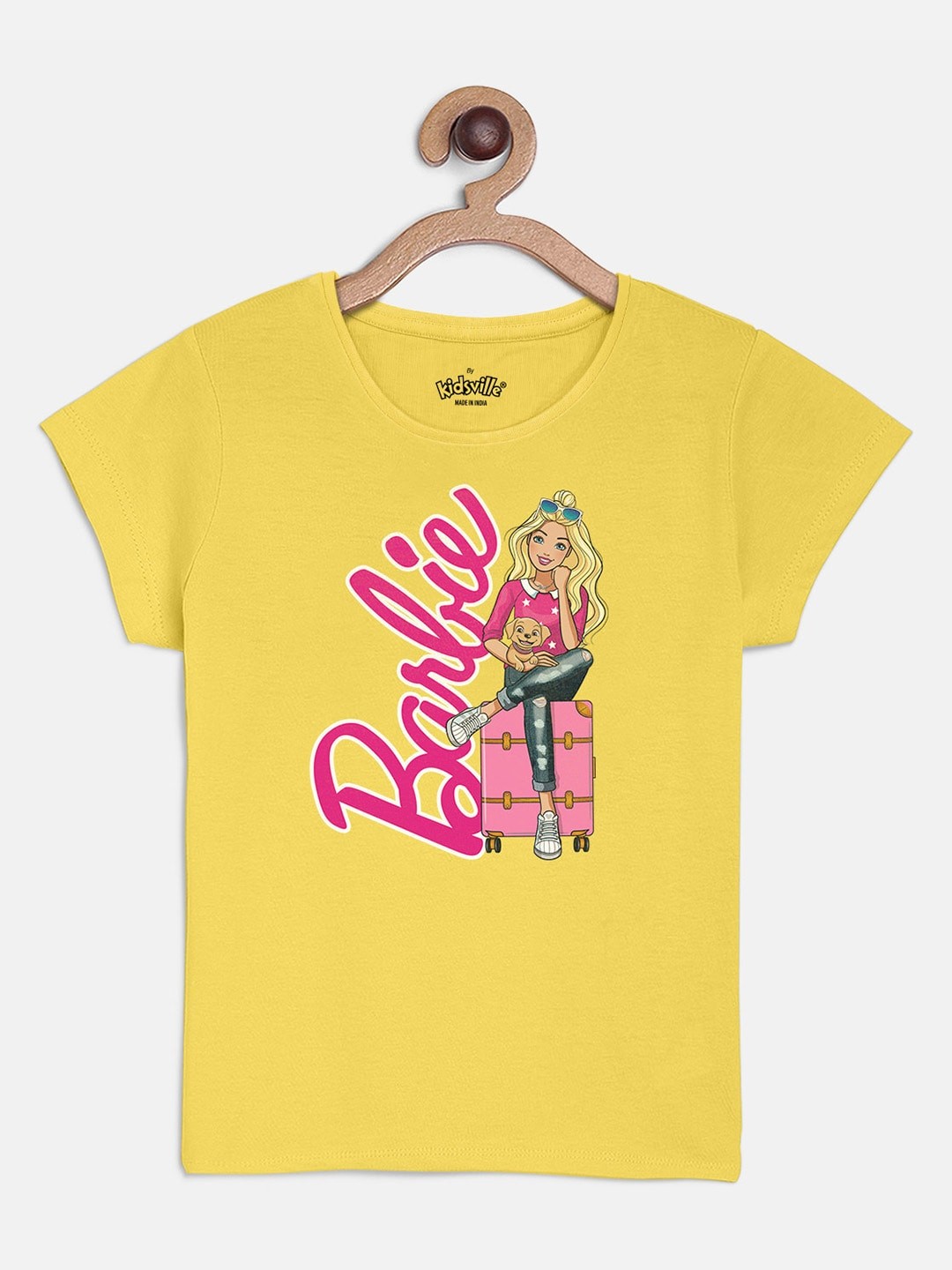 

Kids Ville Girls Yellow Barbie Printed Cotton Pure Cotton T-shirt