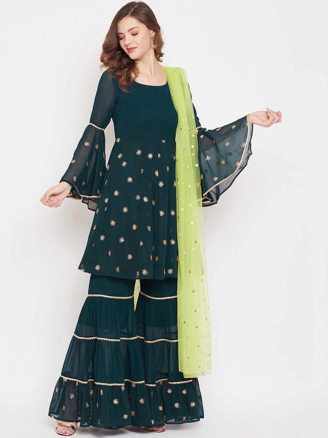 

PANIT Women Teal Ethnic Motifs Printed Gotta Patti Kurta with Sharara & Dupatta