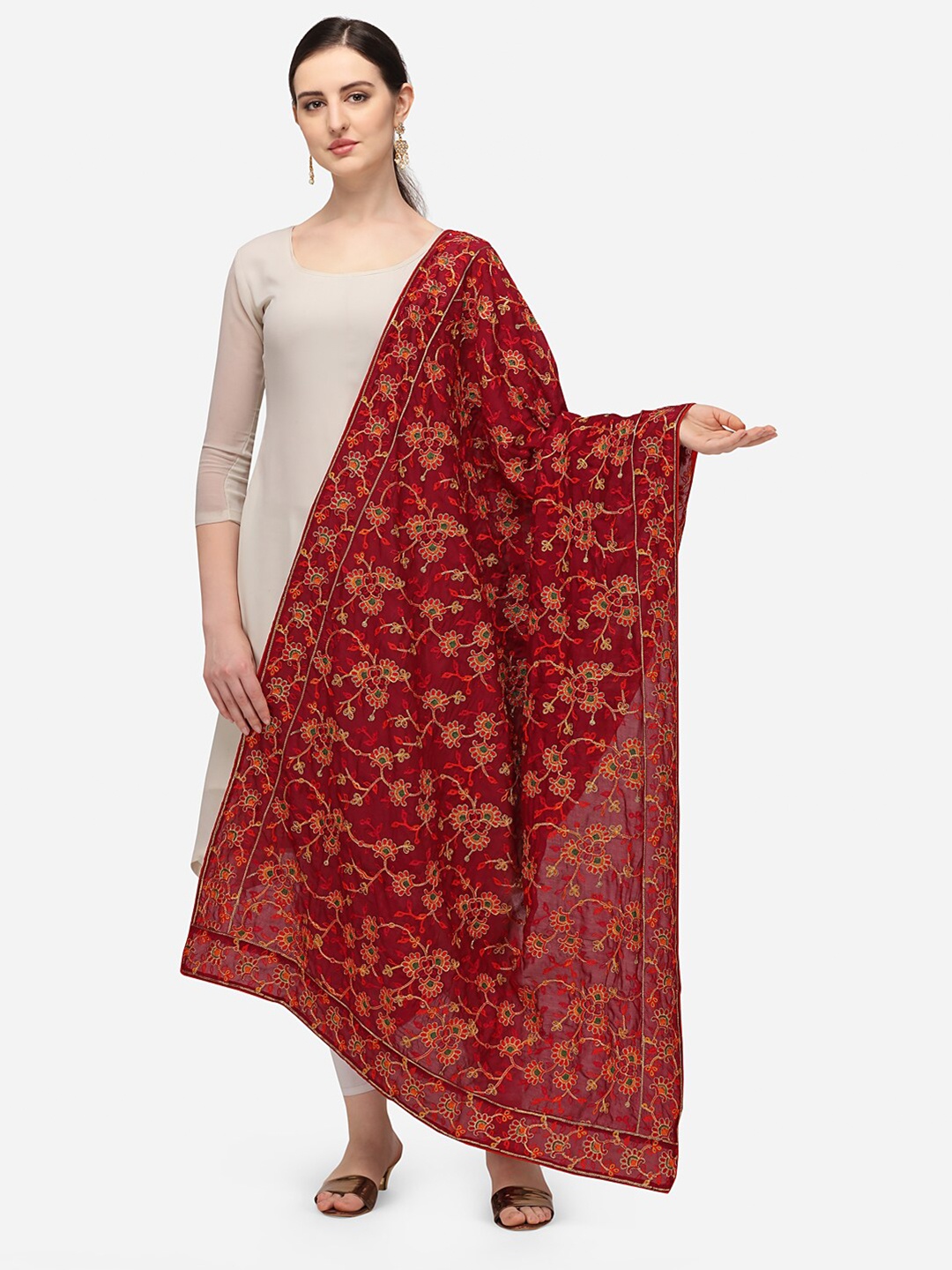 

VASTRANAND Maroon & Green Ethnic Motifs Embroidered Dupatta with Thread Work