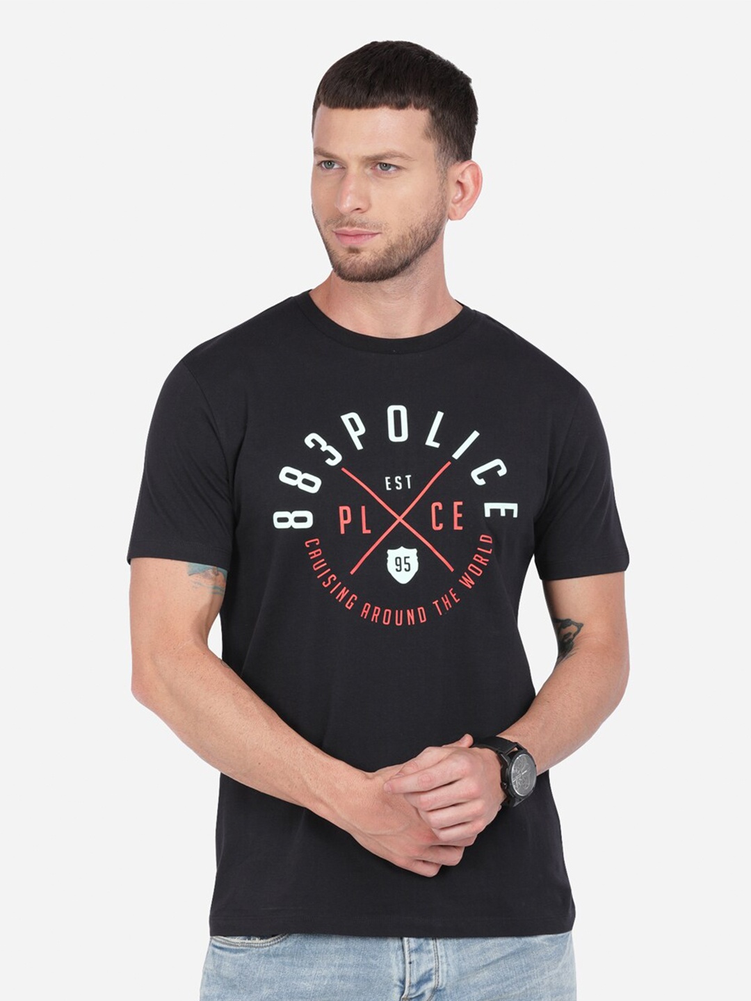 

883 Police Men Black Typography Printed T-shirt
