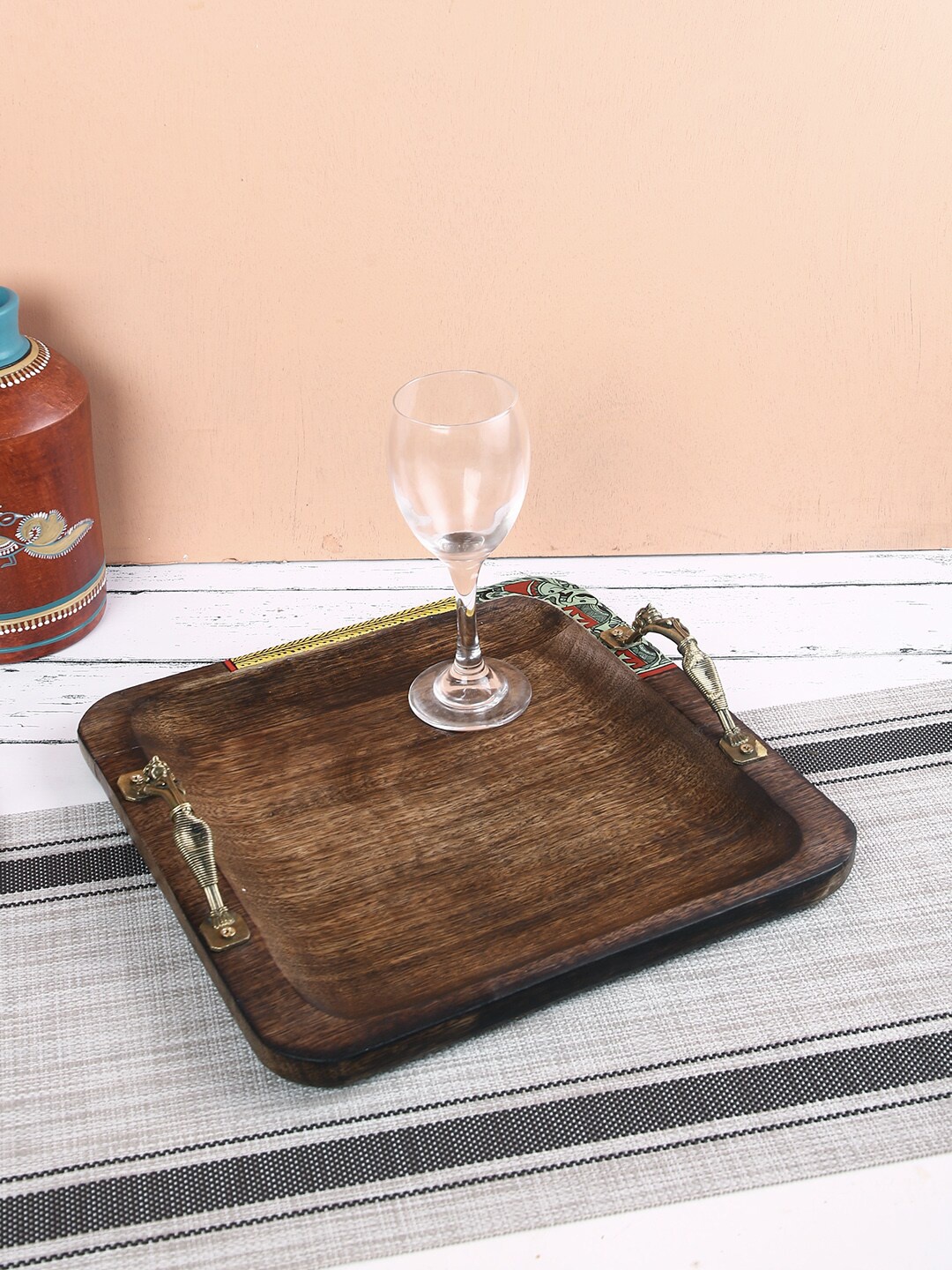 

Aapno Rajasthan Brown Quadrilateral Tray With Designer Handles