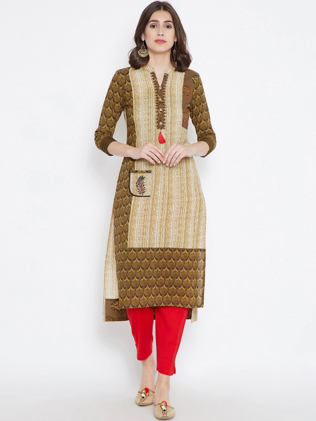 

Be Indi Women Olive Green Ethnic Motifs Printed Thread Work Kurta