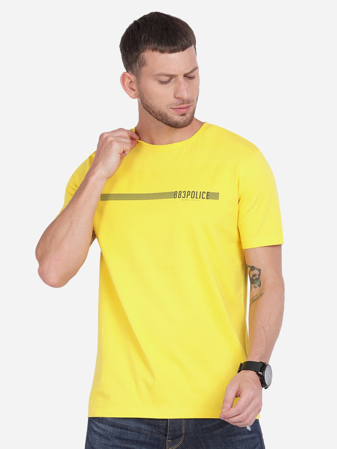 

883 Police Men Yellow & Black Brand Logo Printed Cotton T-shirt