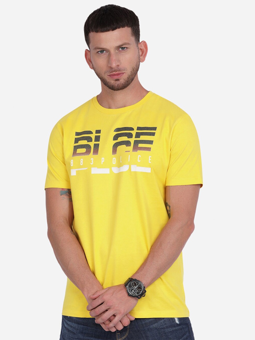 

883 Police Men Yellow Typography Printed T-shirt
