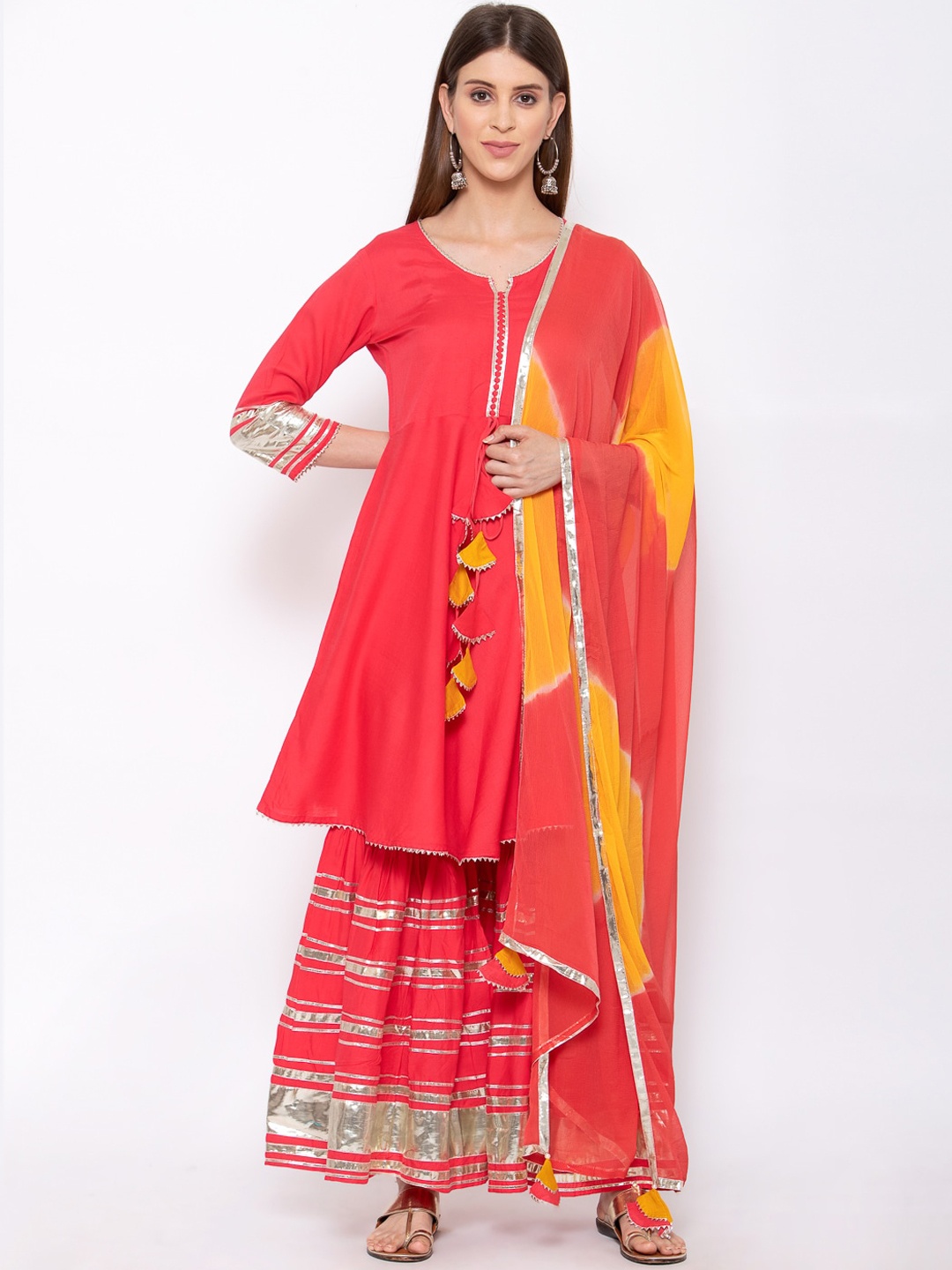

Yuris Women Coral Pink Regular Pure Cotton Kurta with Palazzos & With Dupatta