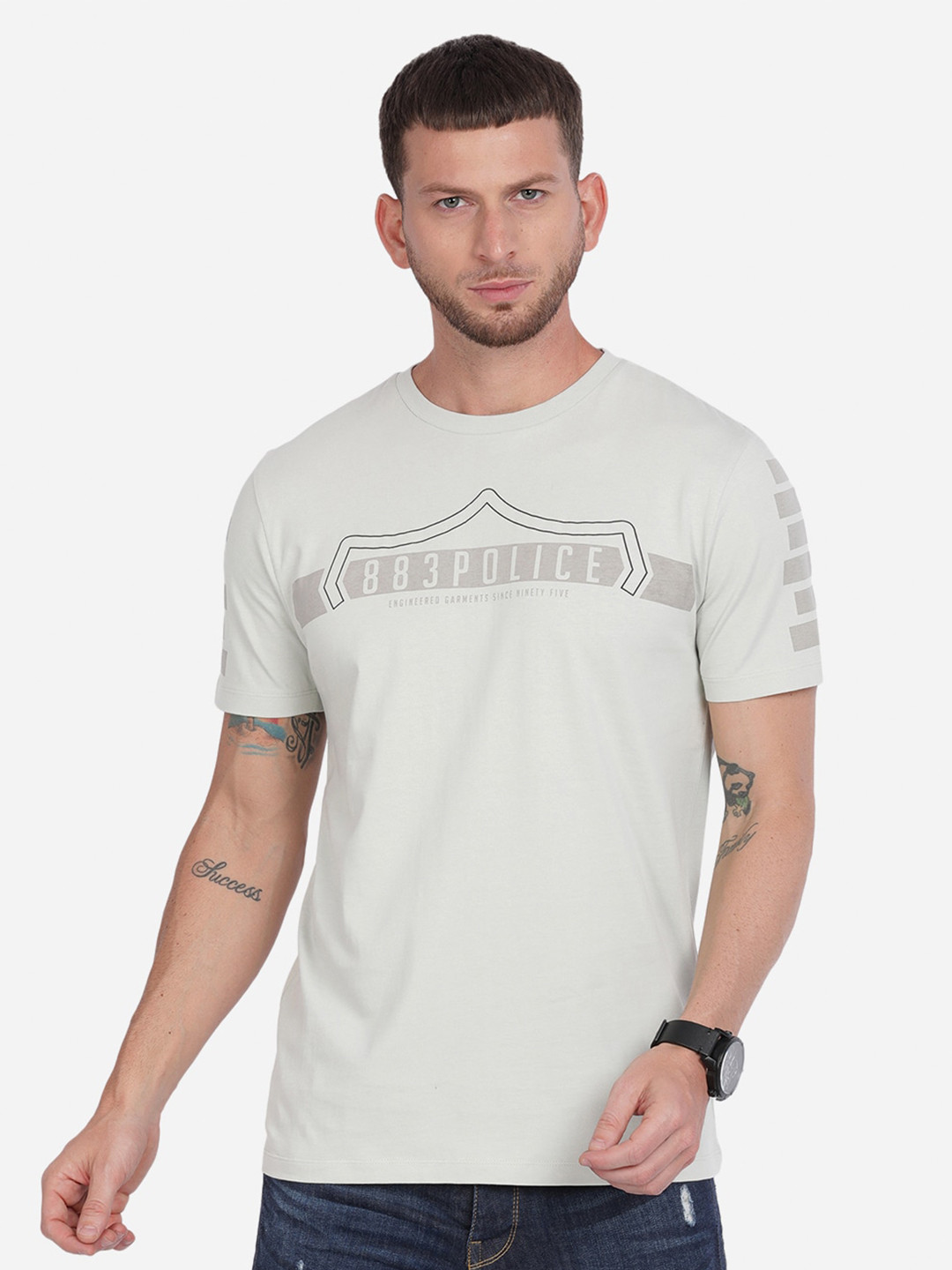 

883 Police Men Grey Typography Cotton Printed T-shirt