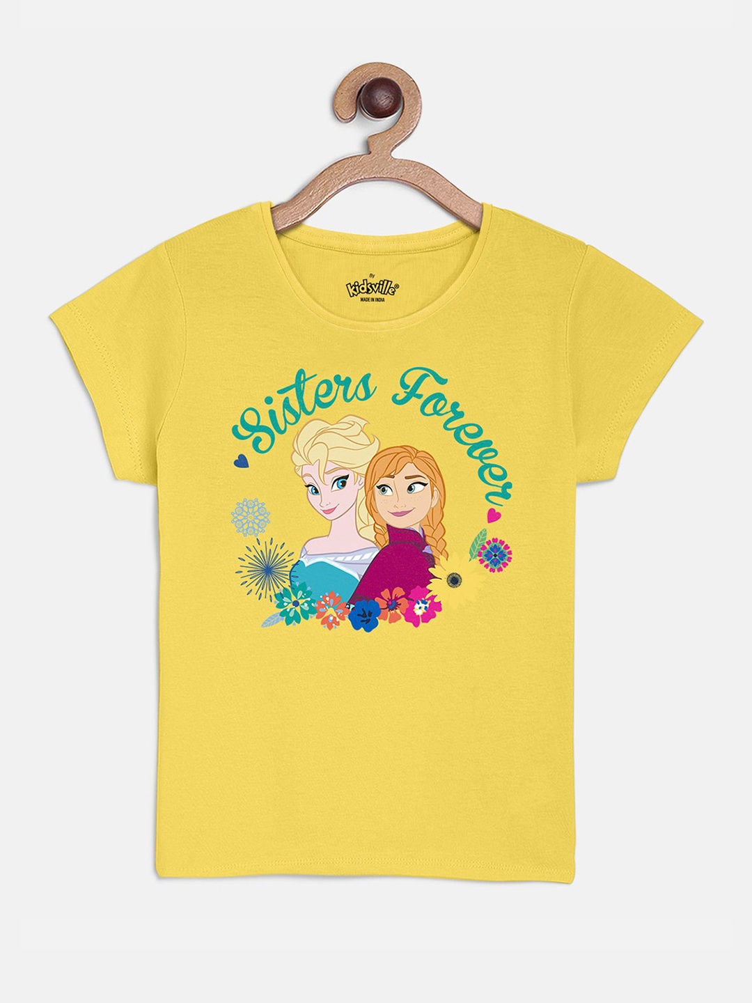 

Kids Ville Girls Yellow Frozen Printed Cotton Pure Cotton T-shirt