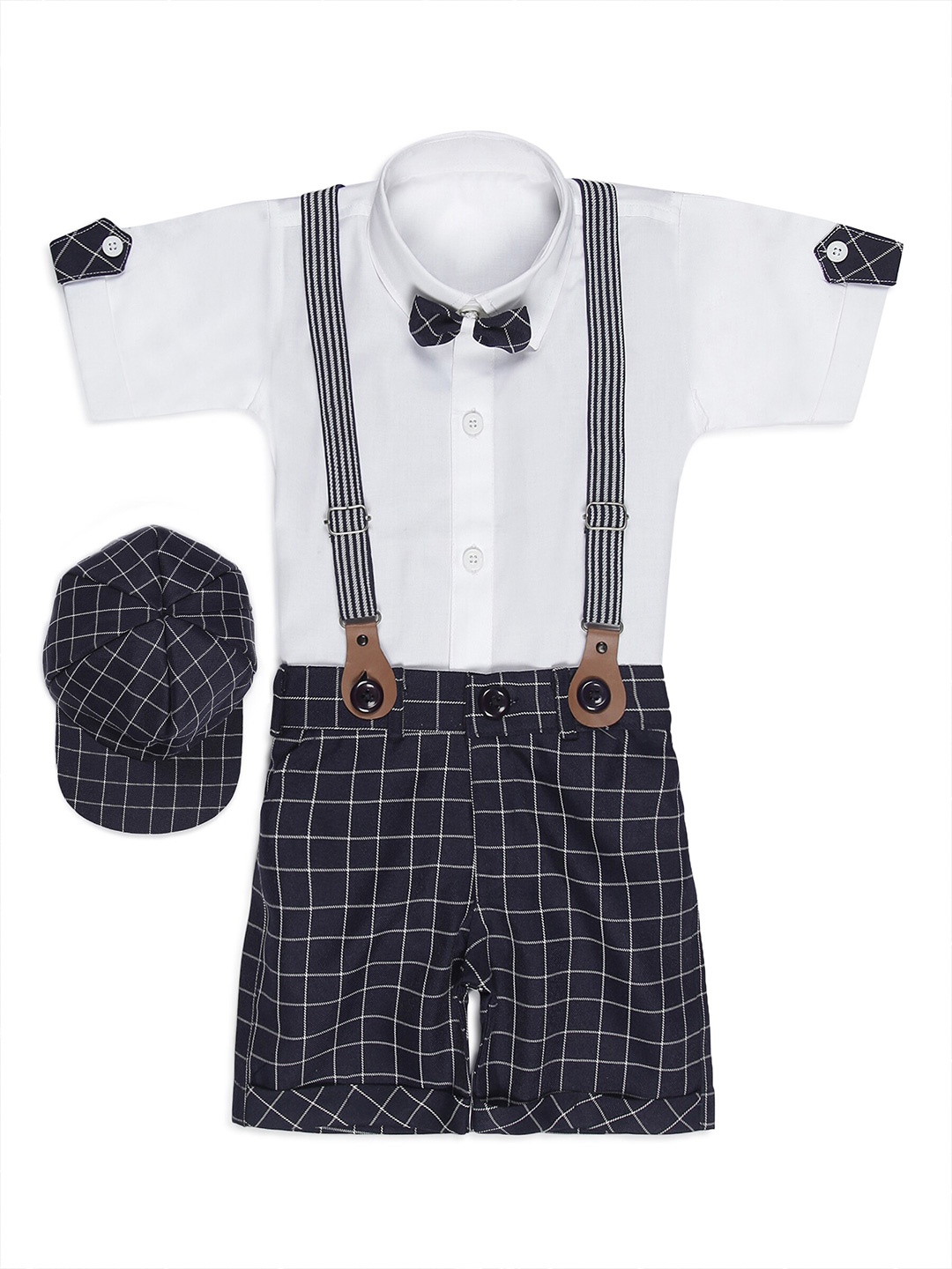 

Aj DEZInES Boys Navy Blue & White Shirt with Shorts & Hat
