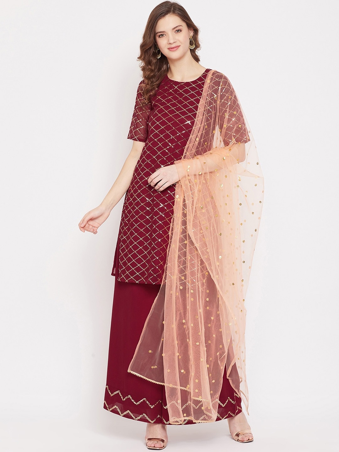 

PANIT Women Maroon Ethnic Motifs Embroidered Sequinned Kurta with Palazzos & With Dupatta