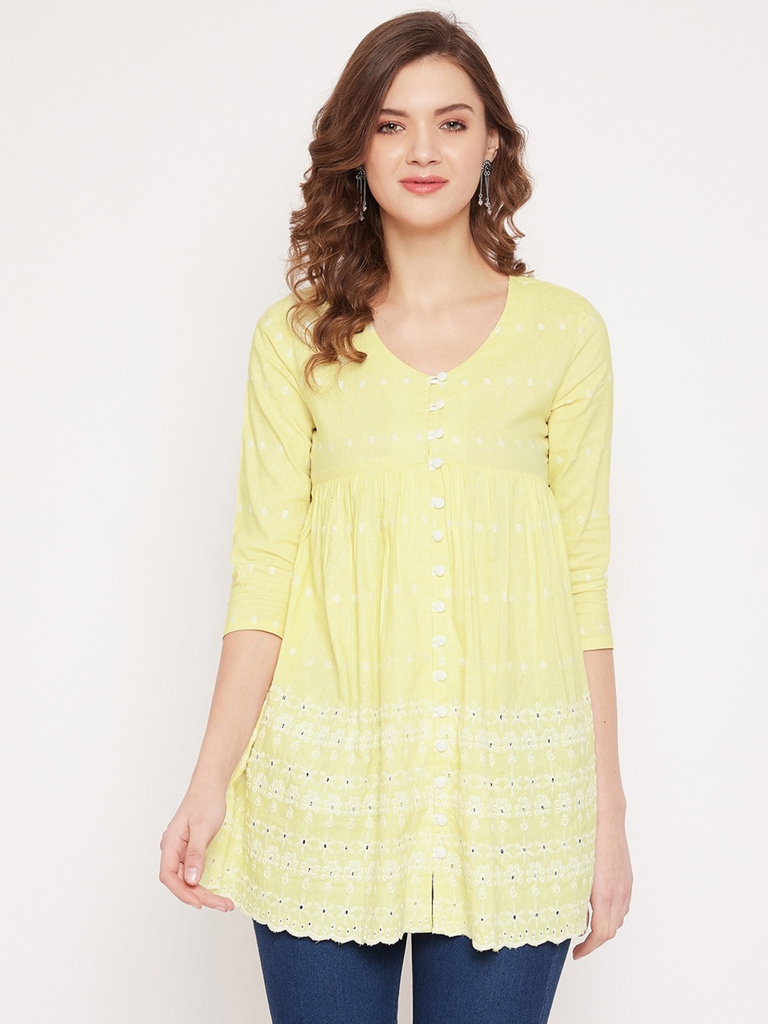 

PANIT Yellow & White Embellished Embroidered Schiffli A-Line Longline Top
