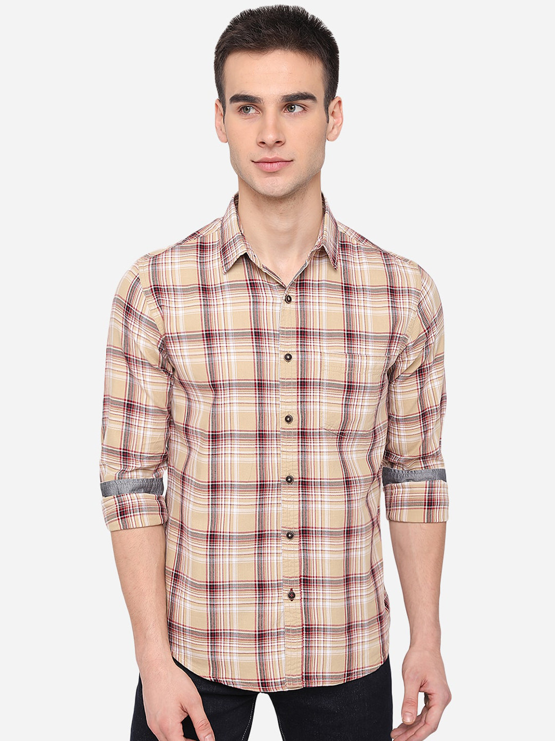 

Greenfibre Men Beige Slim Fit Tartan Checks Checked Casual Shirt