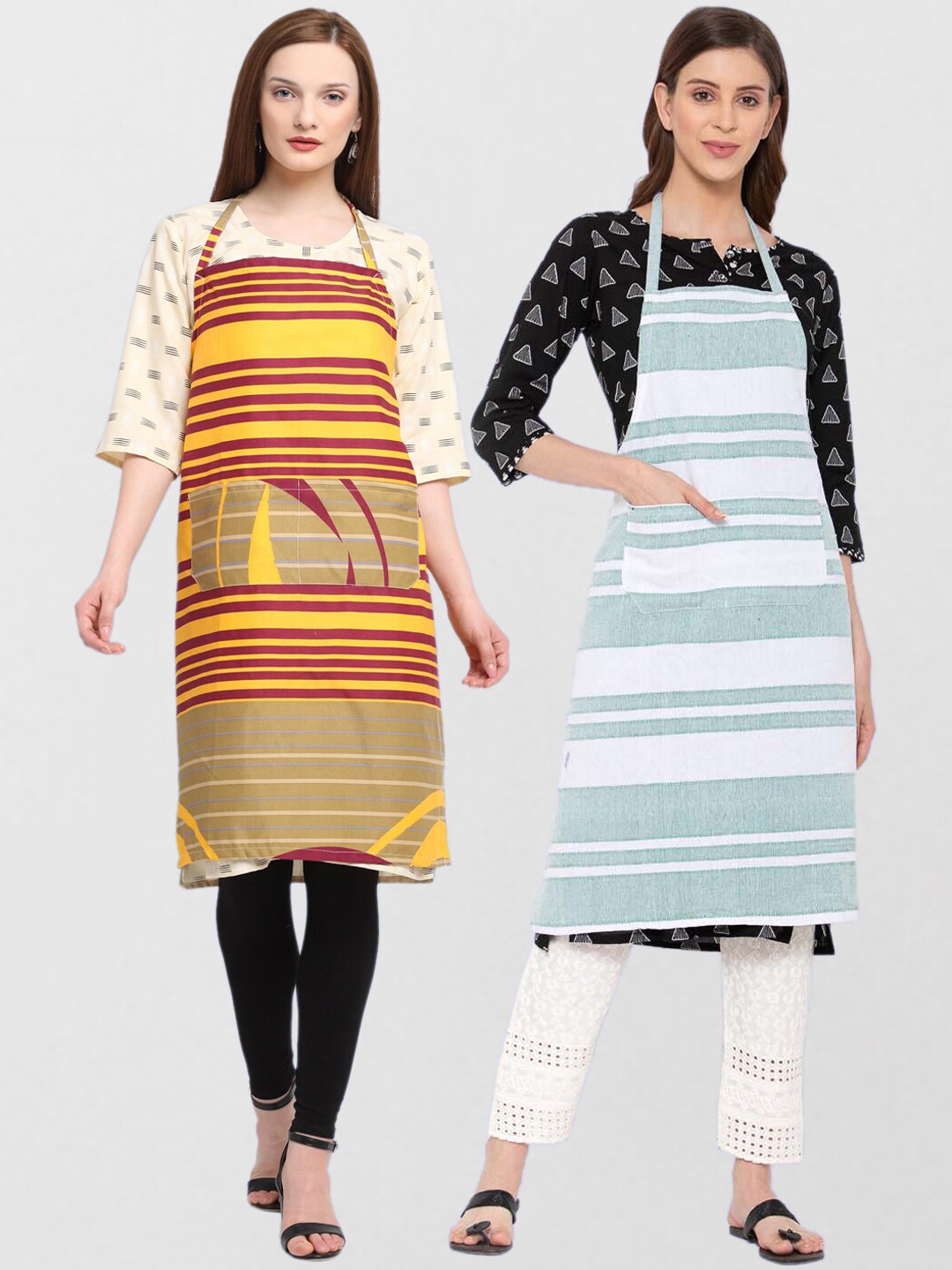 KLOTTHE Unisex Pack Of 2 Printed Cotton 210 TC Aprons, Green