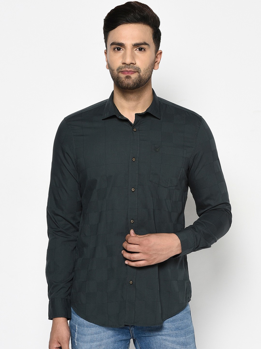

Blackberrys Men Olive Green Slim Fit Checked Casual Shirt