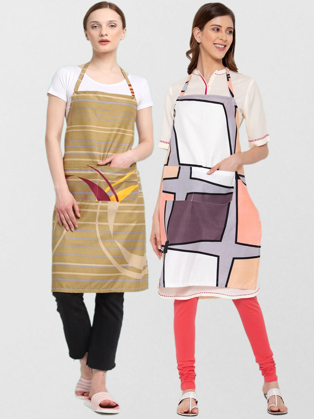 

KLOTTHE Unisex Pack Of 2 Printed Cotton 210 TC Aprons, Beige
