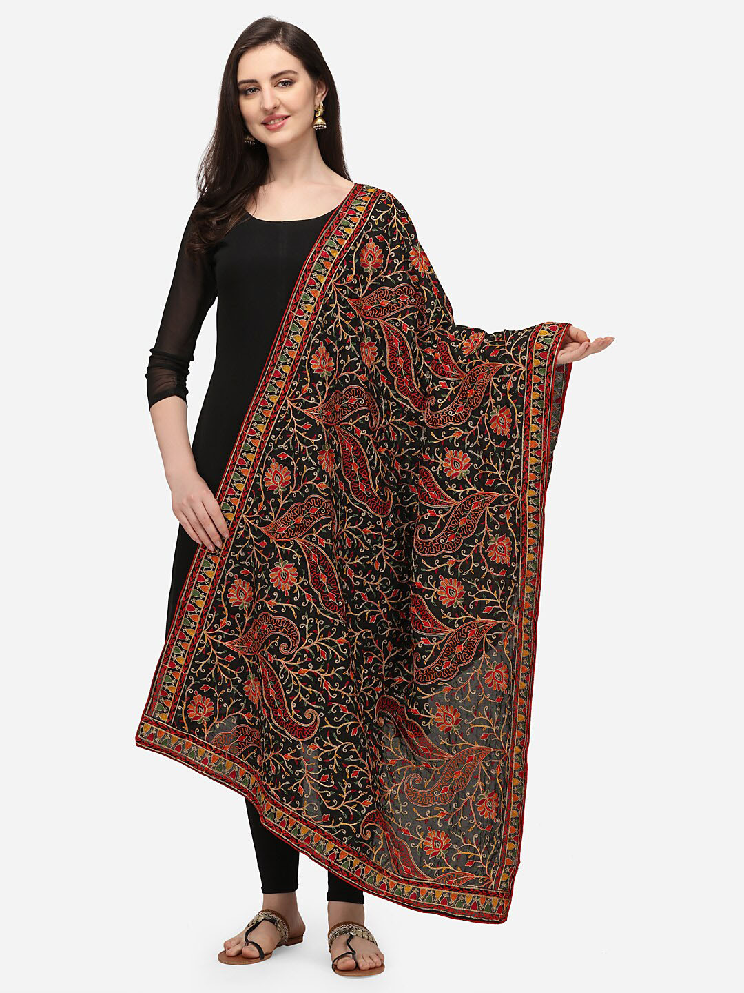

VASTRANAND Black & Red Ethnic Motifs Embroidered Dupatta with Thread Work